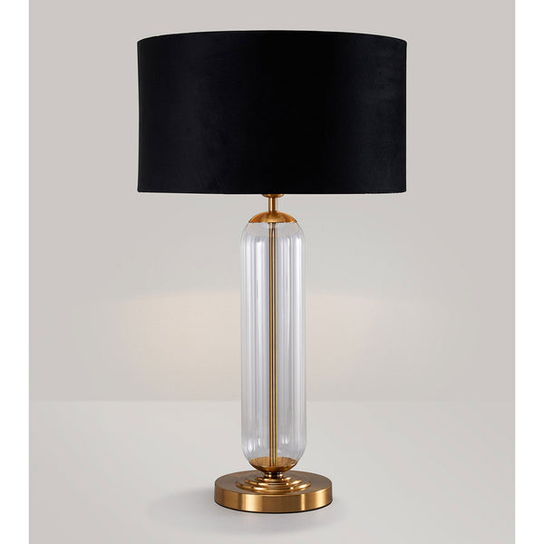 Hamble Tubular Table Lamp in Brass Gold with Clear Glass and Black Velvet Shade