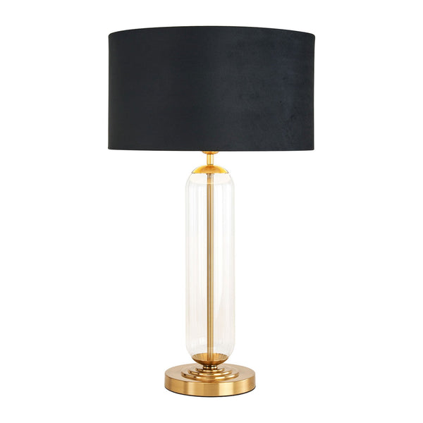 Hamble Tubular Table Lamp in Brass Gold with Clear Glass and Black Velvet Shade