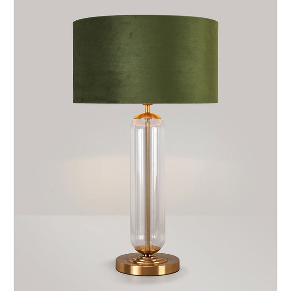 Hamble Tubular Table Lamp in Brass Gold with Clear Glass and Moss Green Velvet Shade