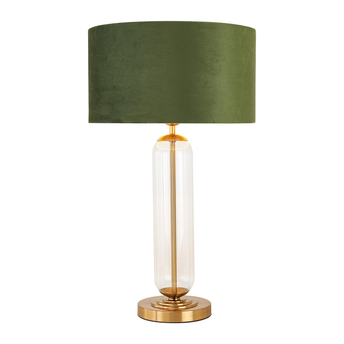 Hamble Tubular Table Lamp in Brass Gold with Clear Glass and Moss Green Velvet Shade