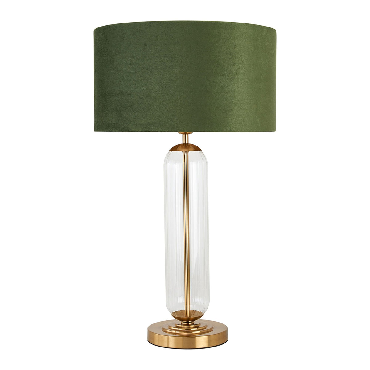Hamble Tubular Table Lamp in Brass Gold with Clear Glass and Moss Green Velvet Shade