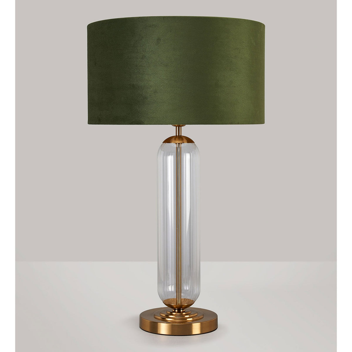 Hamble Tubular Table Lamp in Brass Gold with Clear Glass and Moss Green Velvet Shade