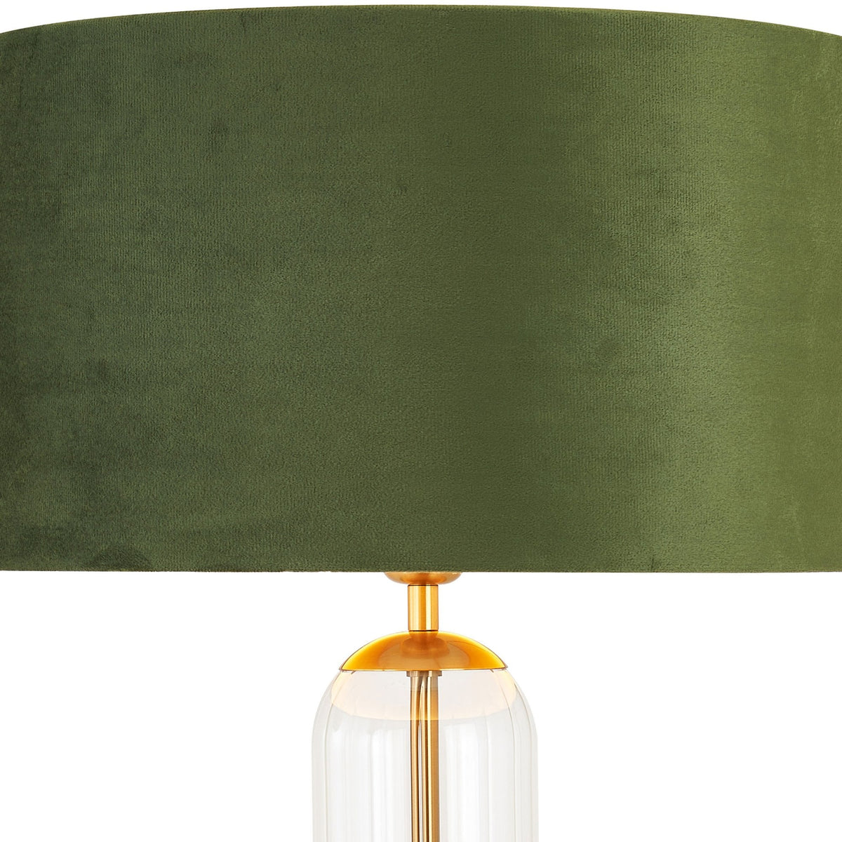 Hamble Tubular Table Lamp in Brass Gold with Clear Glass and Moss Green Velvet Shade