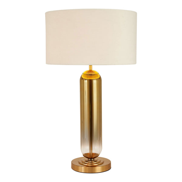 Hamble Tubular Table Lamp in Brass Gold with Gold Fade Glass and Ivory Velvet Shade