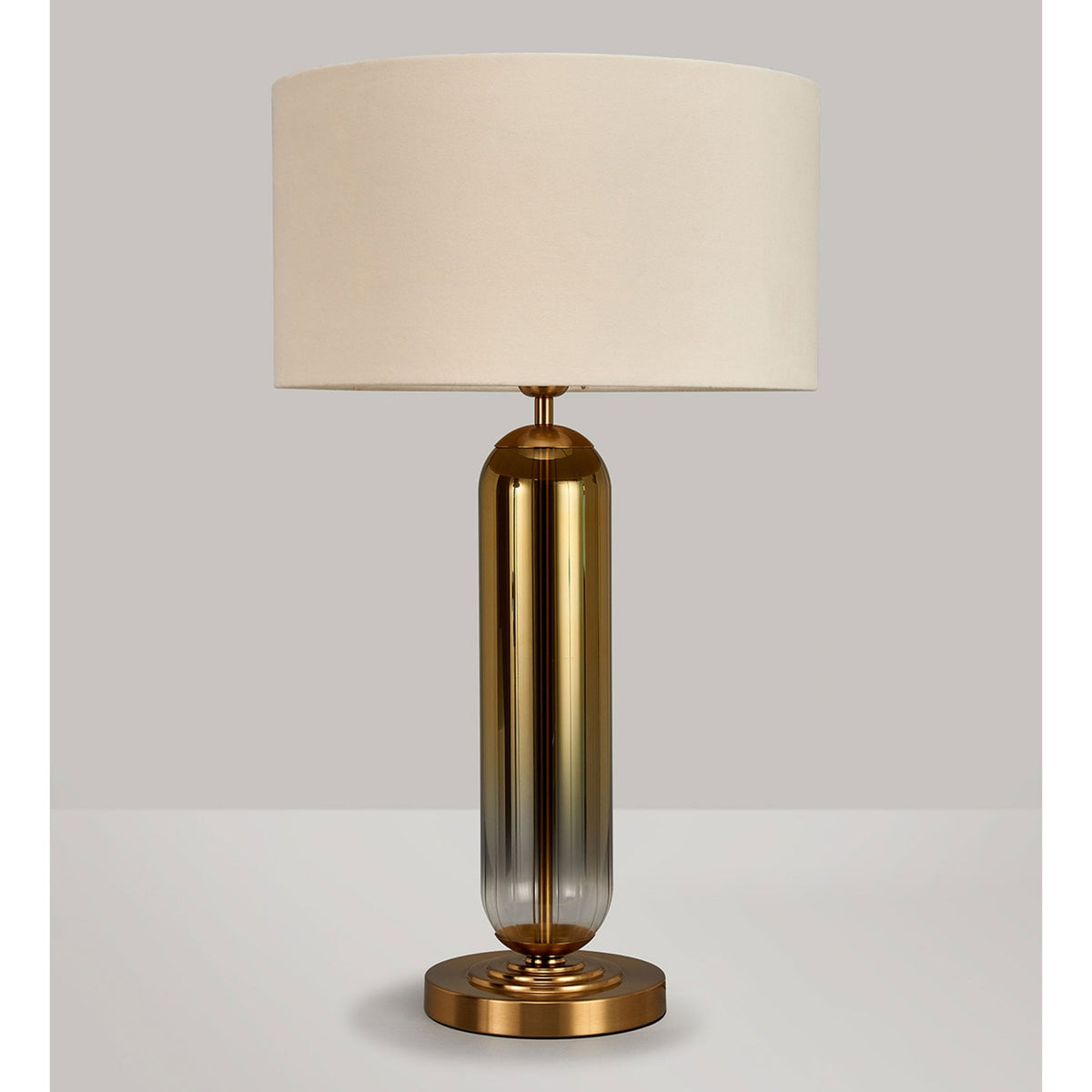 Hamble Tubular Table Lamp in Brass Gold with Gold Fade Glass and Ivory Velvet Shade