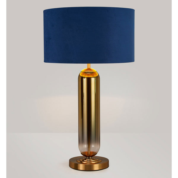 Hamble Tubular Table Lamp in Brass Gold with Gold Fade Glass and Navy Velvet Shade