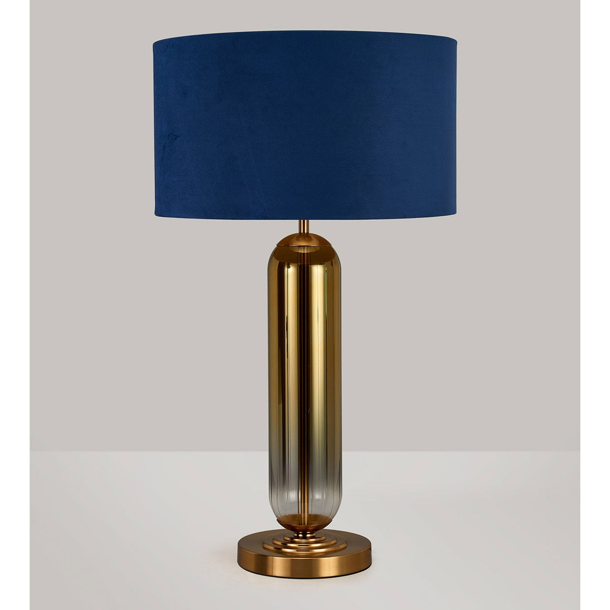 Hamble Tubular Table Lamp in Brass Gold with Gold Fade Glass and Navy Velvet Shade