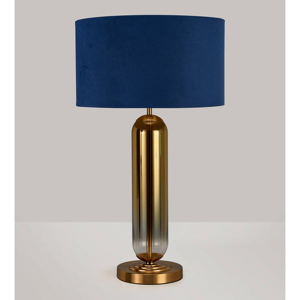 Hamble Tubular Table Lamp in Brass Gold with Gold Fade Glass and Navy Velvet Shade
