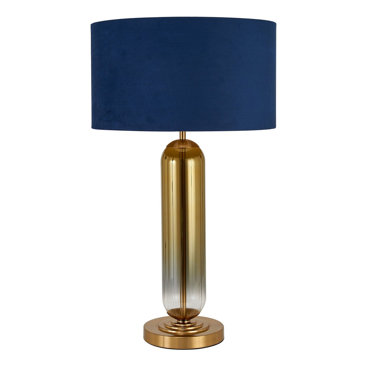 Hamble Tubular Table Lamp in Brass Gold with Gold Fade Glass and Navy Velvet Shade