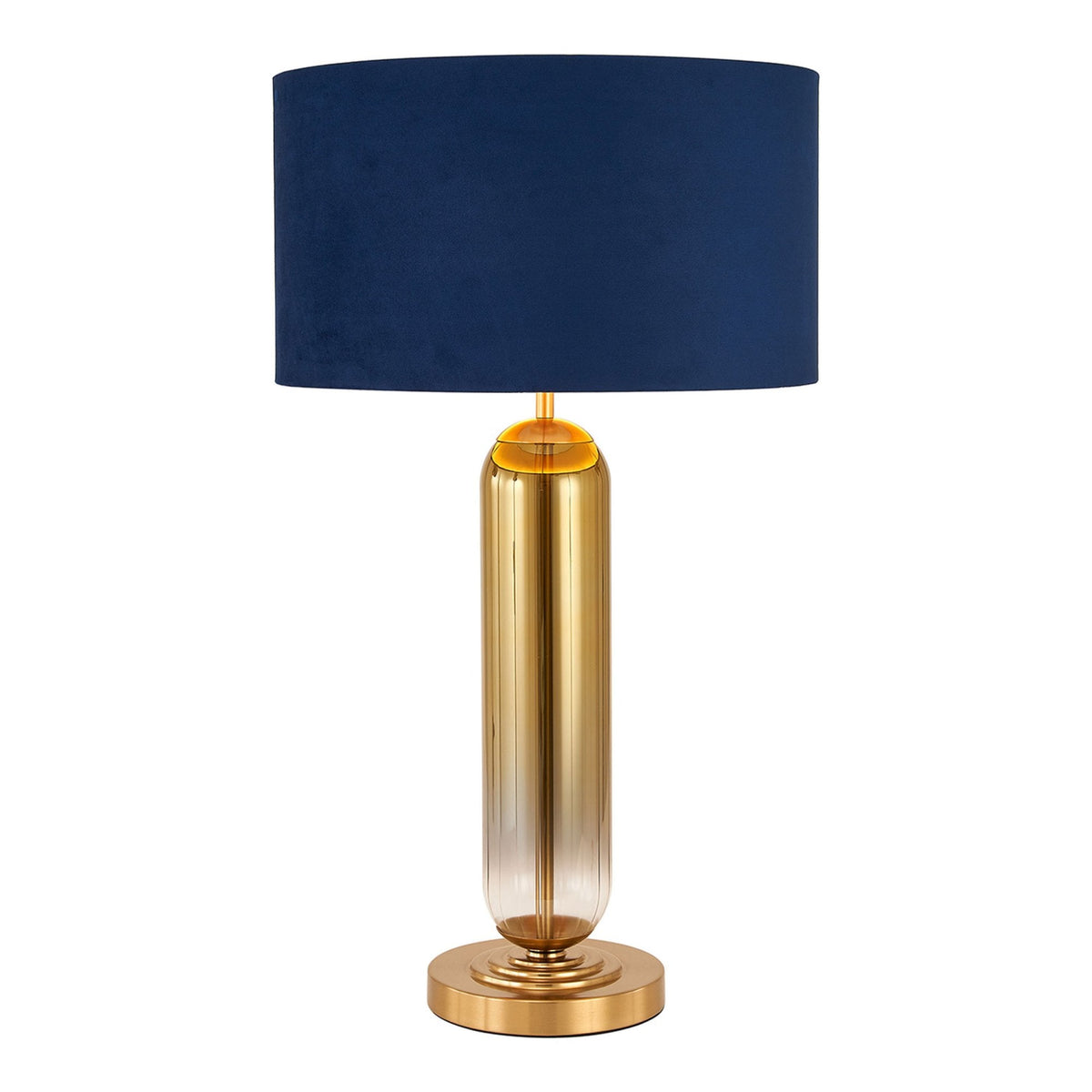 Hamble Tubular Table Lamp in Brass Gold with Gold Fade Glass and Navy Velvet Shade