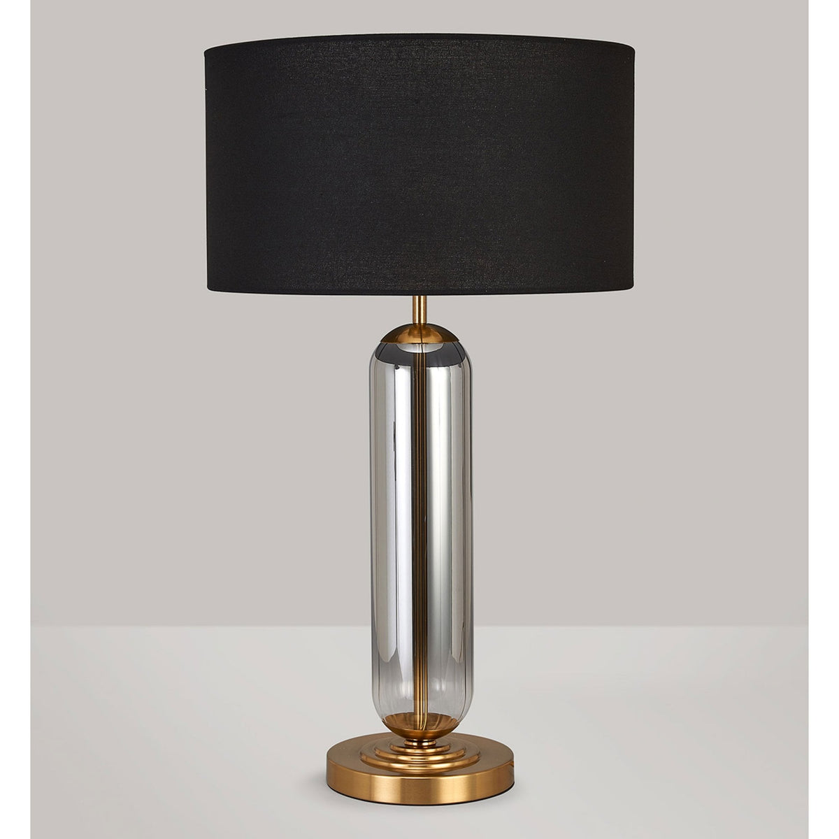 Hamble Tubular Table Lamp in Brass Gold with Smoke Fade Glass and Black Linen Shade