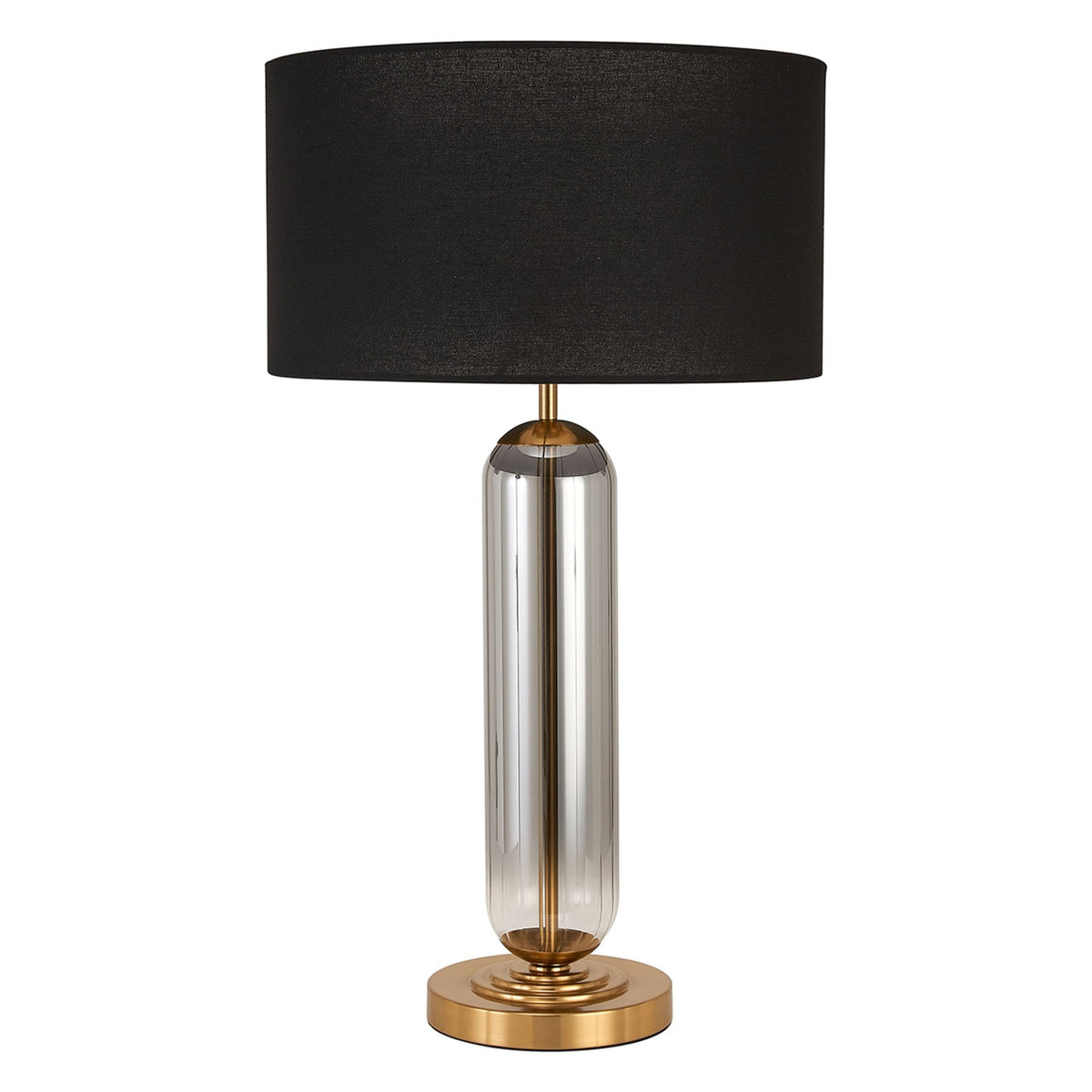Hamble Tubular Table Lamp in Brass Gold with Smoke Fade Glass and Black Linen Shade
