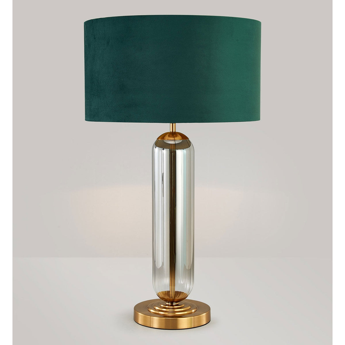 Hamble Tubular Table Lamp in Brass Gold with Smoke Fade Glass and Forest Green Velvet Shade