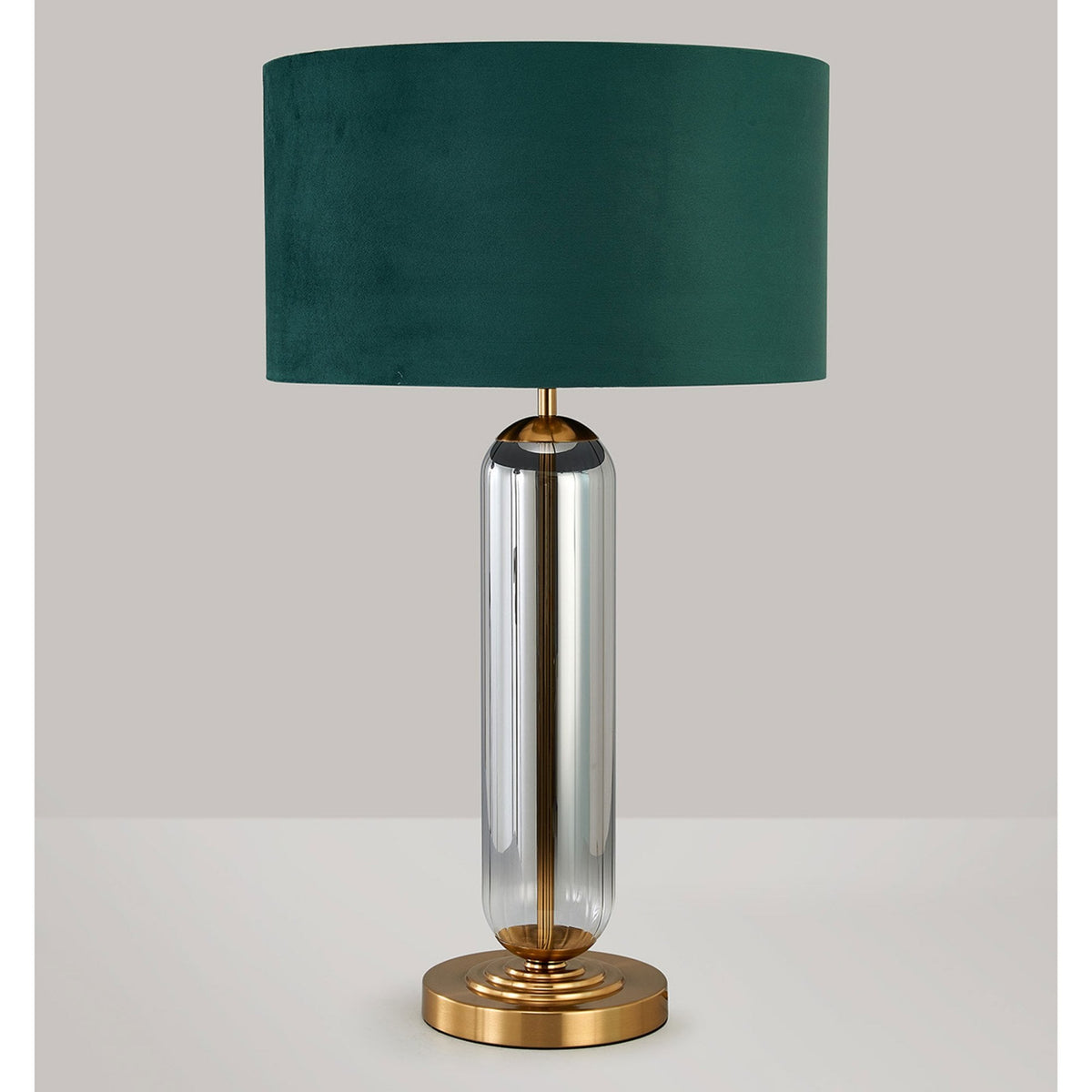 Hamble Tubular Table Lamp in Brass Gold with Smoke Fade Glass and Forest Green Velvet Shade