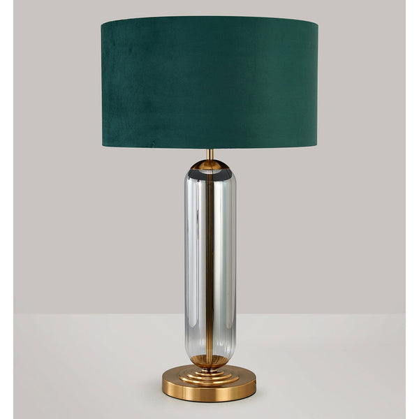 Hamble Tubular Table Lamp in Brass Gold with Smoke Fade Glass and Forest Green Velvet Shade