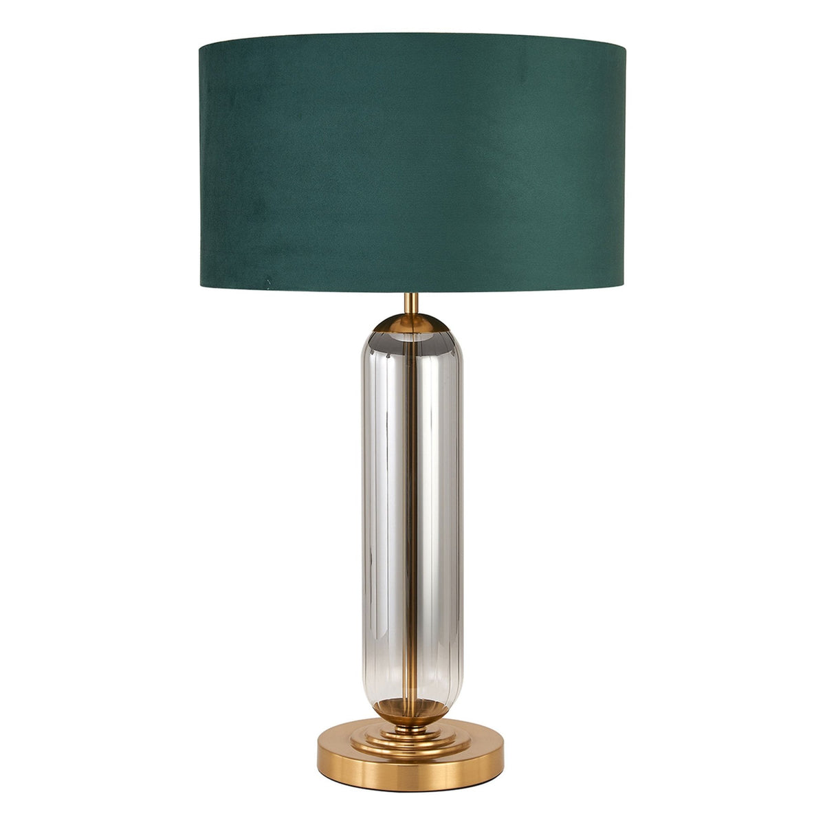 Hamble Tubular Table Lamp in Brass Gold with Smoke Fade Glass and Forest Green Velvet Shade
