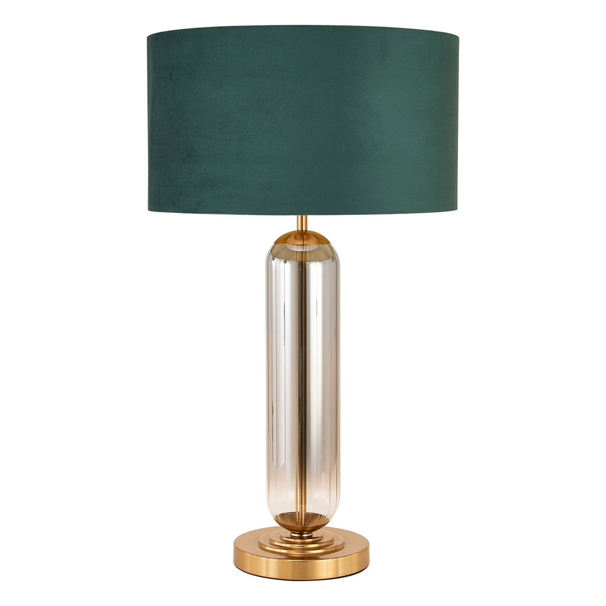 Hamble Tubular Table Lamp in Brass Gold with Smoke Fade Glass and Forest Green Velvet Shade