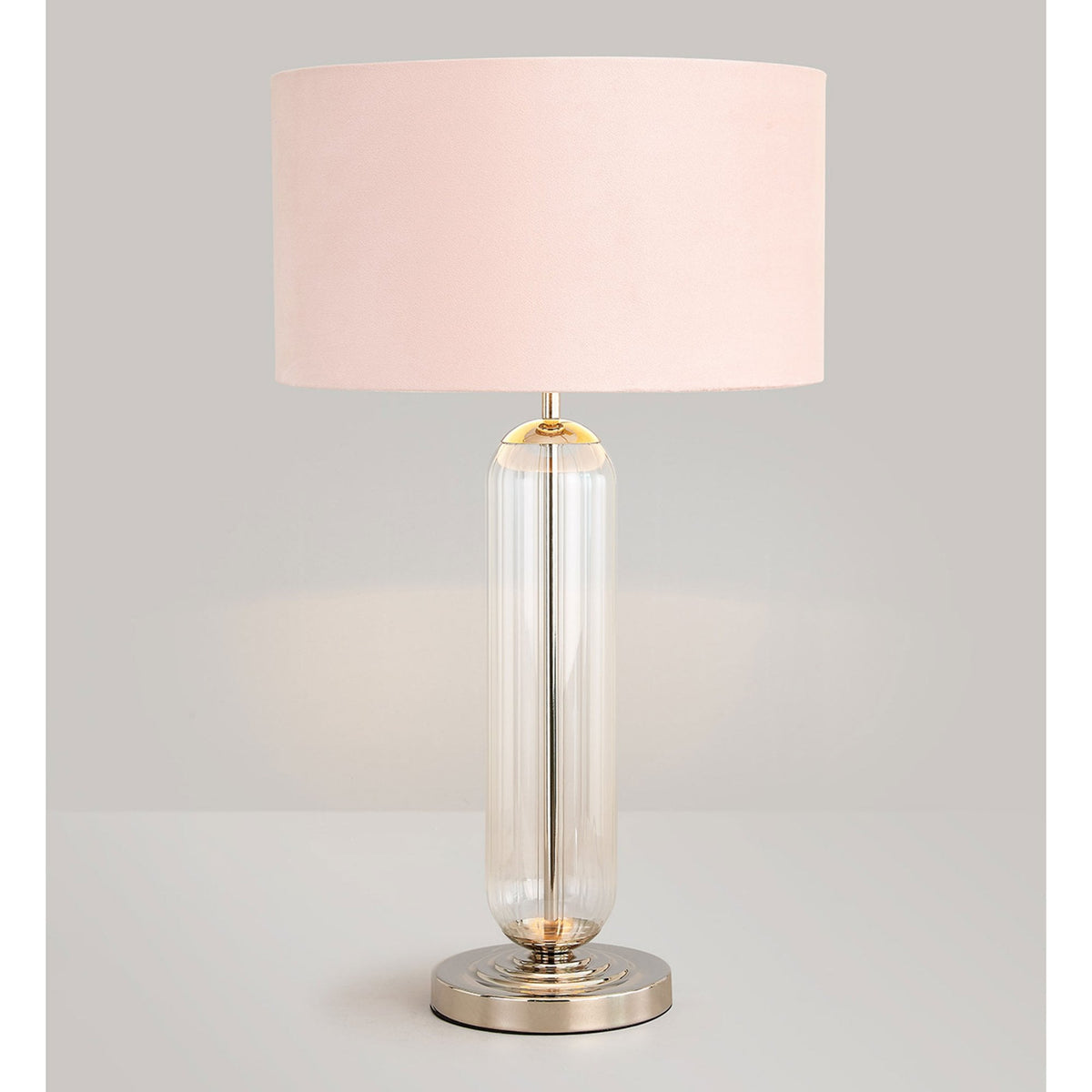 Hamble Tubular Table Lamp in Polished Nickel with Clear Glass and Blush Pink Velvet Shade