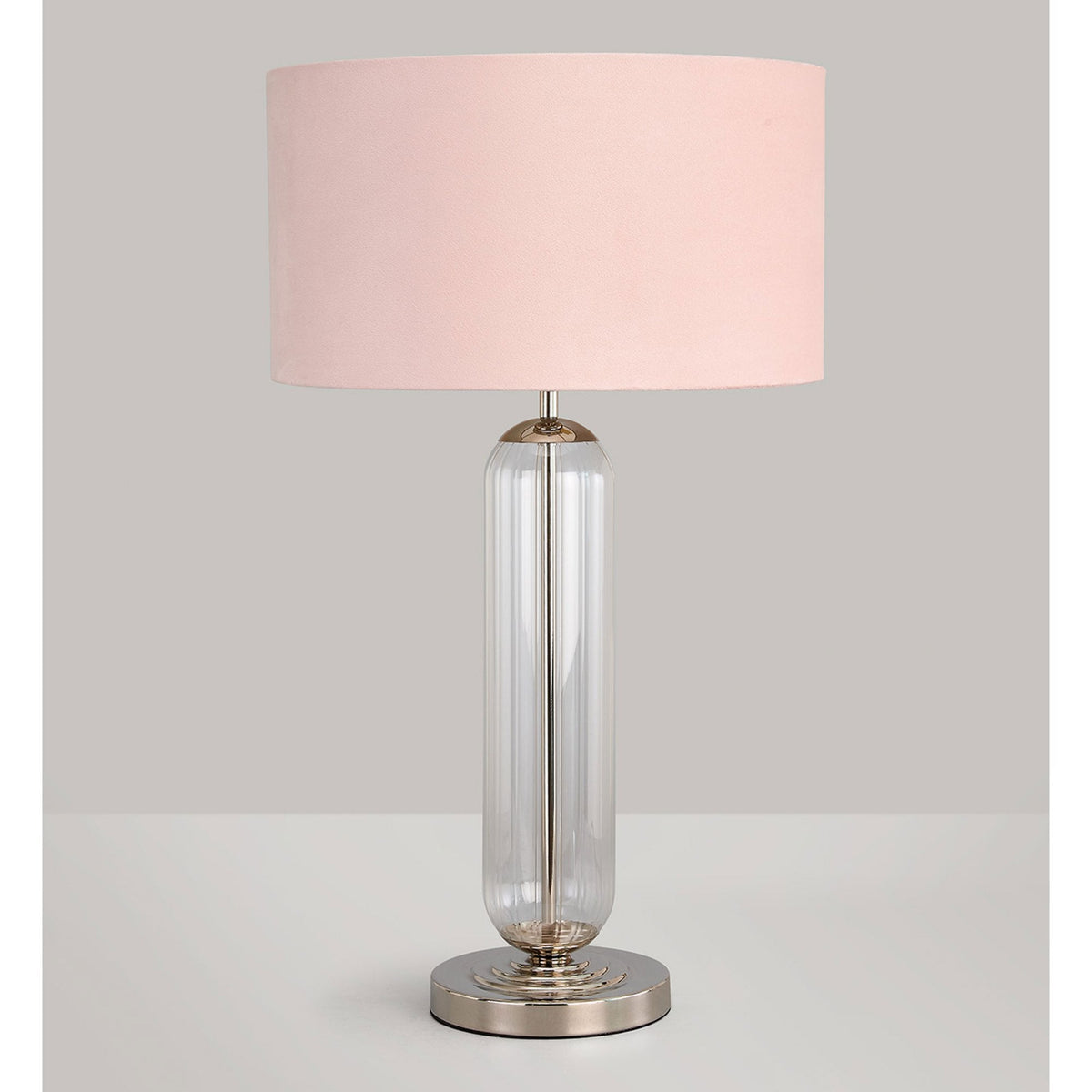 Hamble Tubular Table Lamp in Polished Nickel with Clear Glass and Blush Pink Velvet Shade