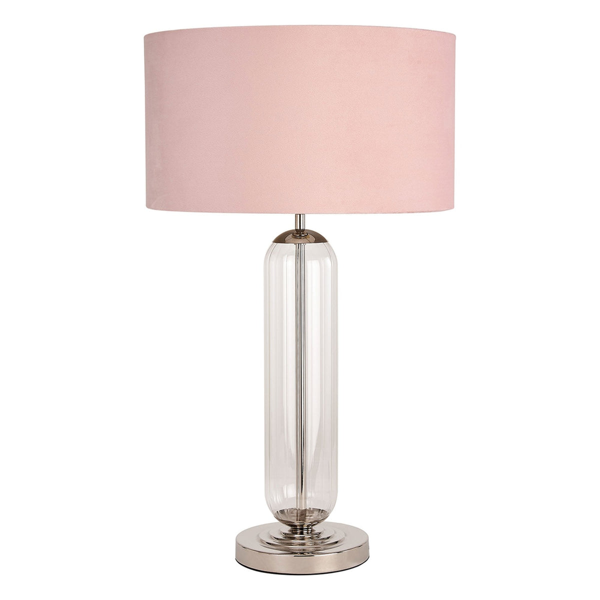 Hamble Tubular Table Lamp in Polished Nickel with Clear Glass and Blush Pink Velvet Shade