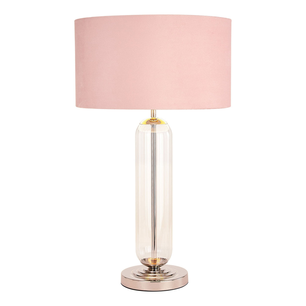 Hamble Tubular Table Lamp in Polished Nickel with Clear Glass and Blush Pink Velvet Shade
