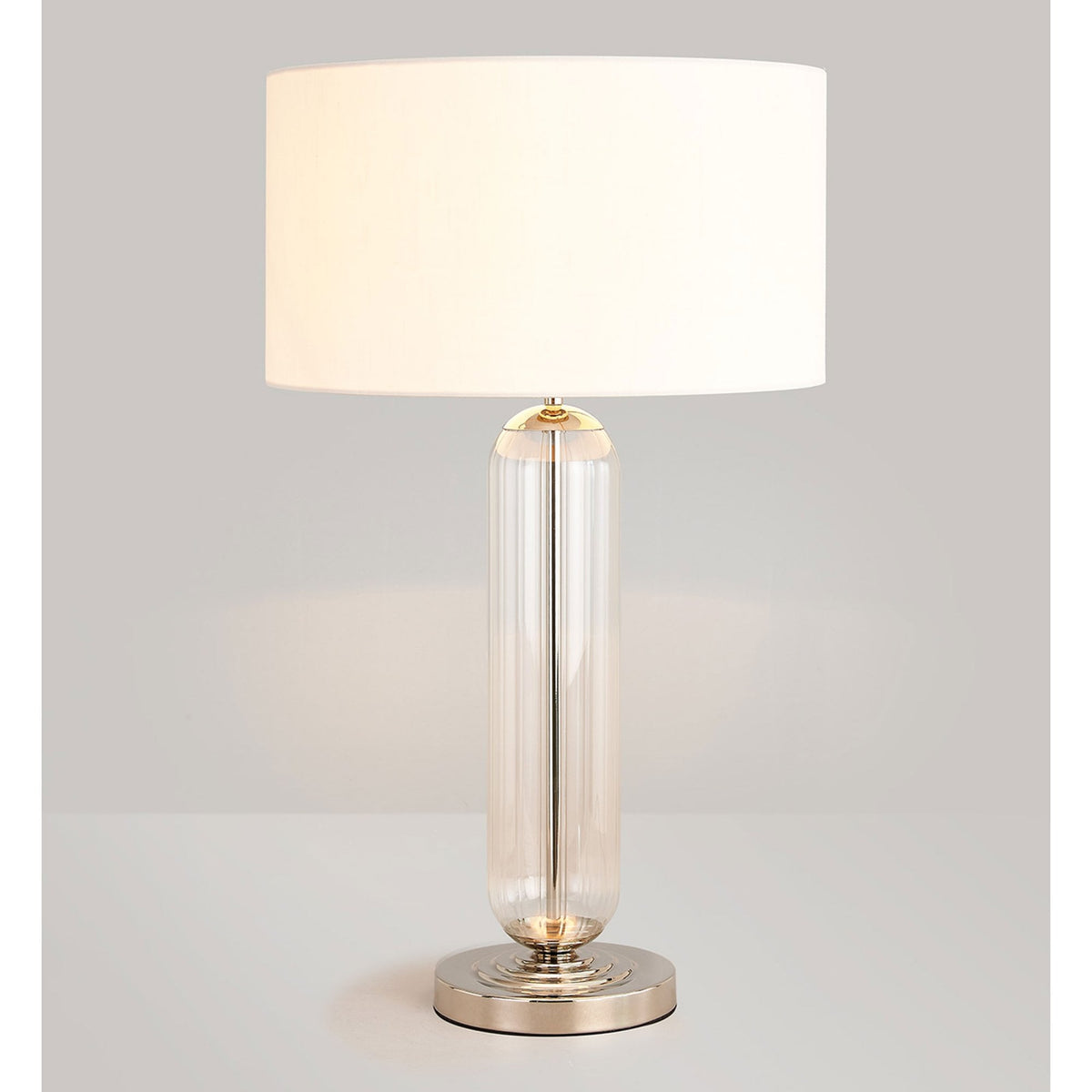 Hamble Tubular Table Lamp in Polished Nickel with Clear Glass and Ivory Faux Silk Shade