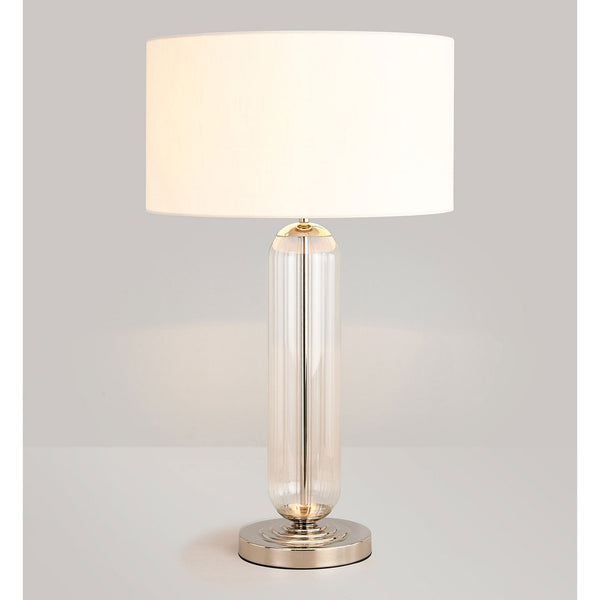 Hamble Tubular Table Lamp in Polished Nickel with Clear Glass and Ivory Faux Silk Shade