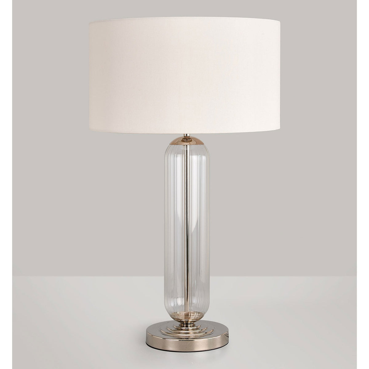 Hamble Tubular Table Lamp in Polished Nickel with Clear Glass and Ivory Faux Silk Shade