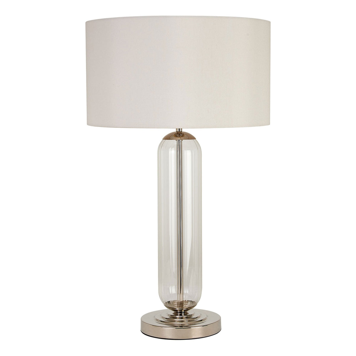 Hamble Tubular Table Lamp in Polished Nickel with Clear Glass and Ivory Faux Silk Shade