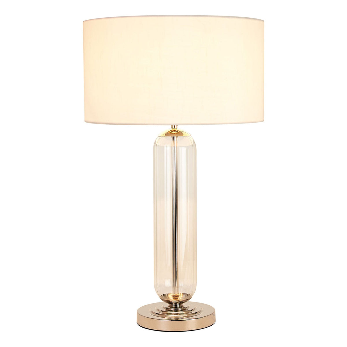 Hamble Tubular Table Lamp in Polished Nickel with Clear Glass and Ivory Faux Silk Shade