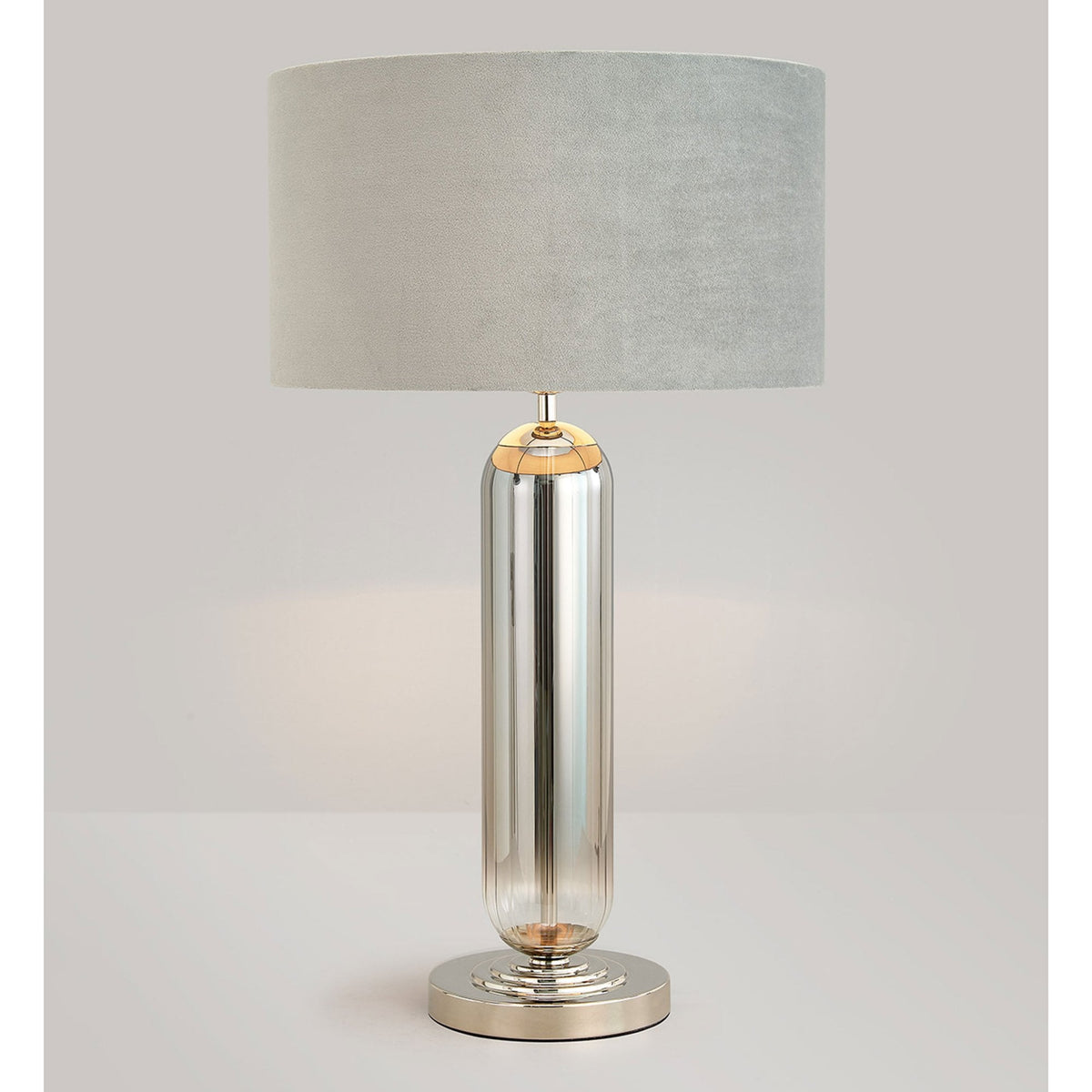 Hamble Tubular Table Lamp in Polished Nickel with Smoke Fade Glass and Light Grey Velvet Shade