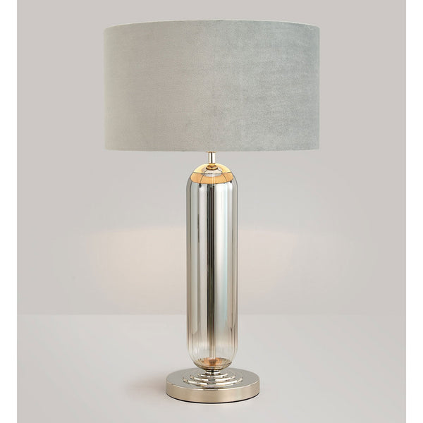 Hamble Tubular Table Lamp in Polished Nickel with Smoke Fade Glass and Light Grey Velvet Shade