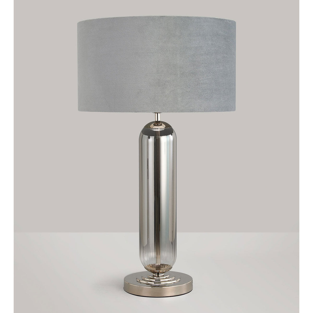 Hamble Tubular Table Lamp in Polished Nickel with Smoke Fade Glass and Light Grey Velvet Shade