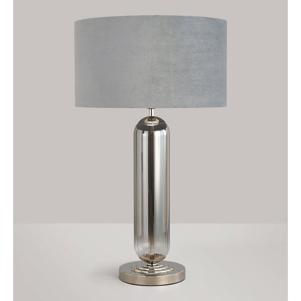 Hamble Tubular Table Lamp in Polished Nickel with Smoke Fade Glass and Light Grey Velvet Shade