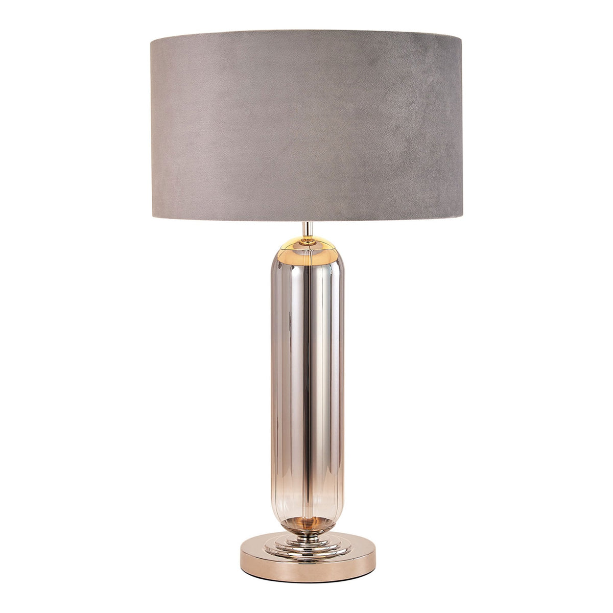 Hamble Tubular Table Lamp in Polished Nickel with Smoke Fade Glass and Light Grey Velvet Shade