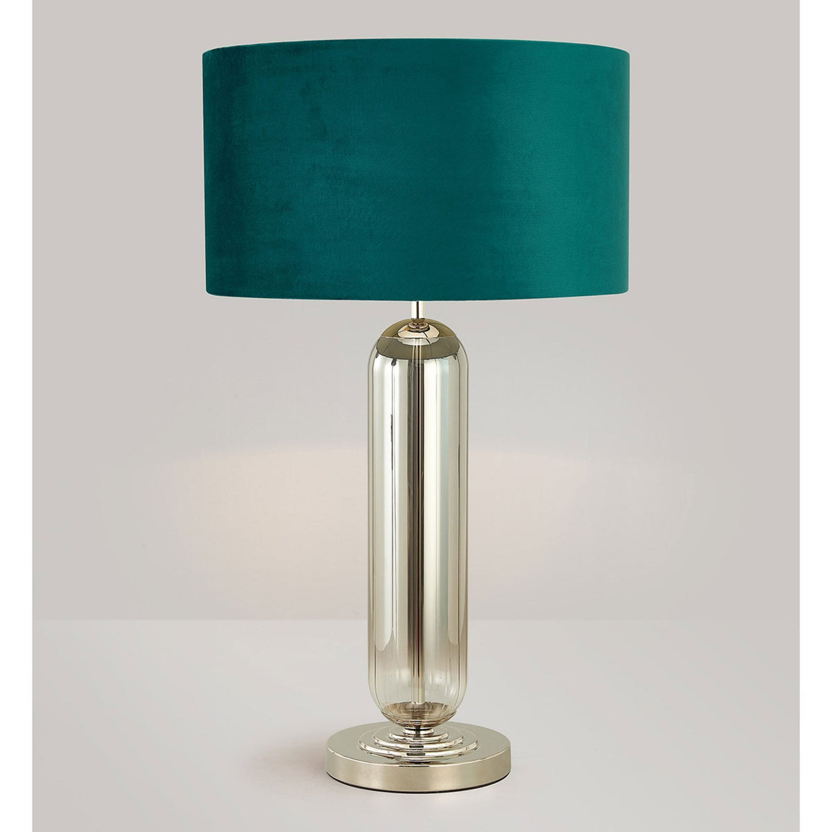 Hamble Tubular Table Lamp in Polished Nickel with Smoke Fade Glass and Teal Velvet Shade