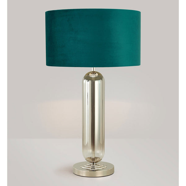 Hamble Tubular Table Lamp in Polished Nickel with Smoke Fade Glass and Teal Velvet Shade