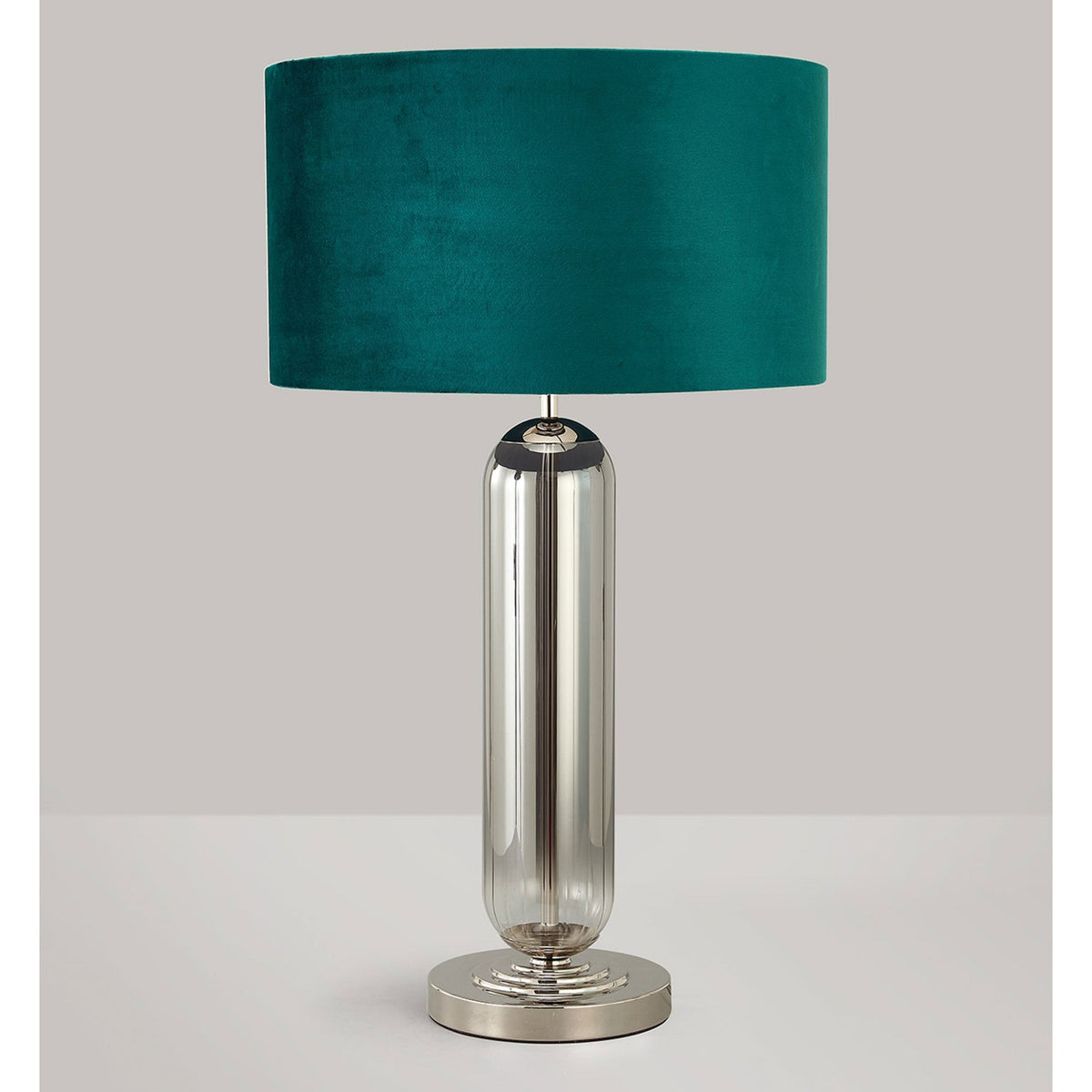 Hamble Tubular Table Lamp in Polished Nickel with Smoke Fade Glass and Teal Velvet Shade