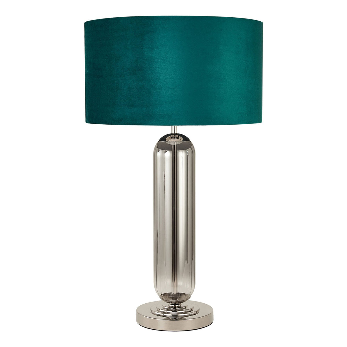 Hamble Tubular Table Lamp in Polished Nickel with Smoke Fade Glass and Teal Velvet Shade