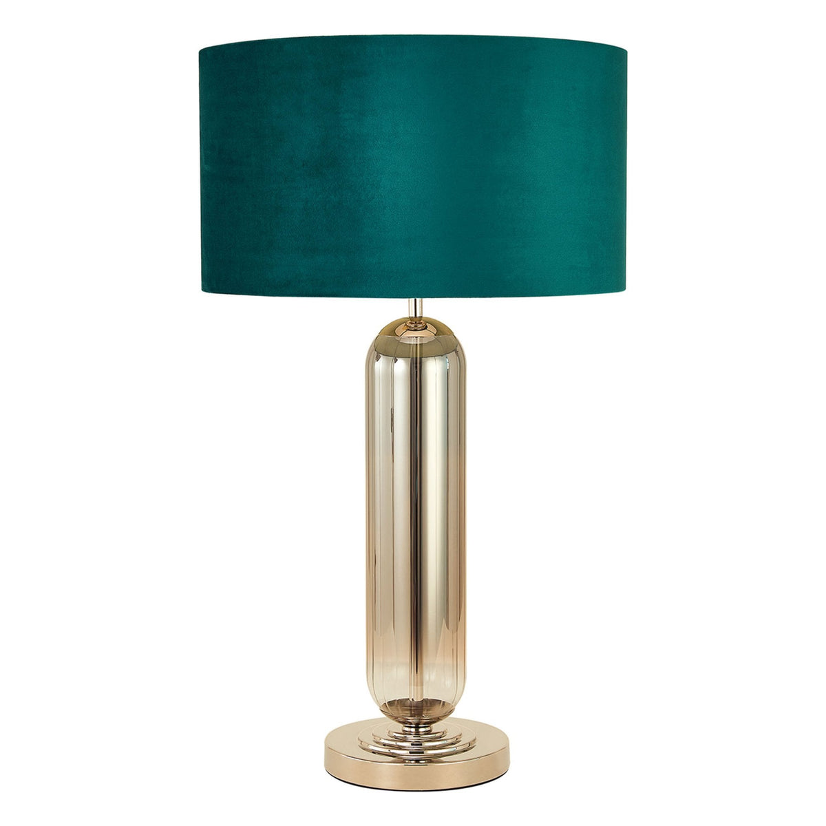 Hamble Tubular Table Lamp in Polished Nickel with Smoke Fade Glass and Teal Velvet Shade