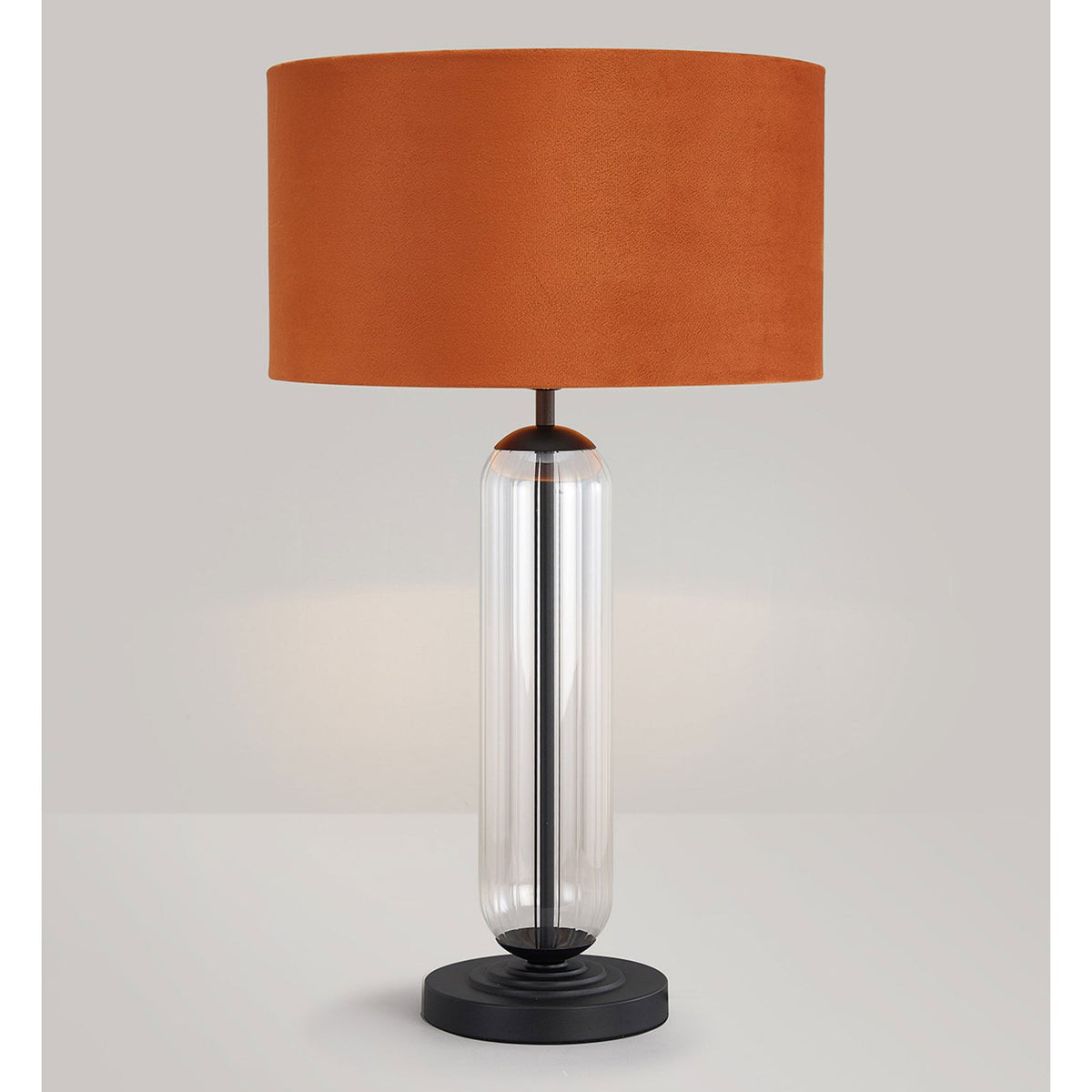 Hamble Tubular Table Lamp in Satin Black with Clear Glass and Burnt Orange Velvet Shade