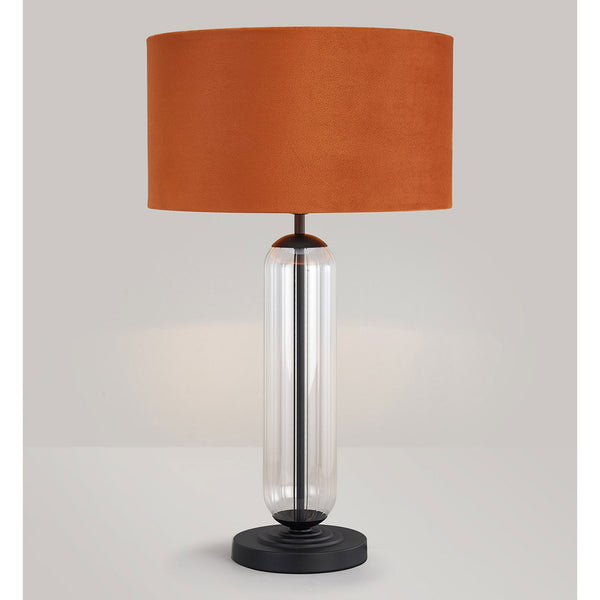 Hamble Tubular Table Lamp in Satin Black with Clear Glass and Burnt Orange Velvet Shade