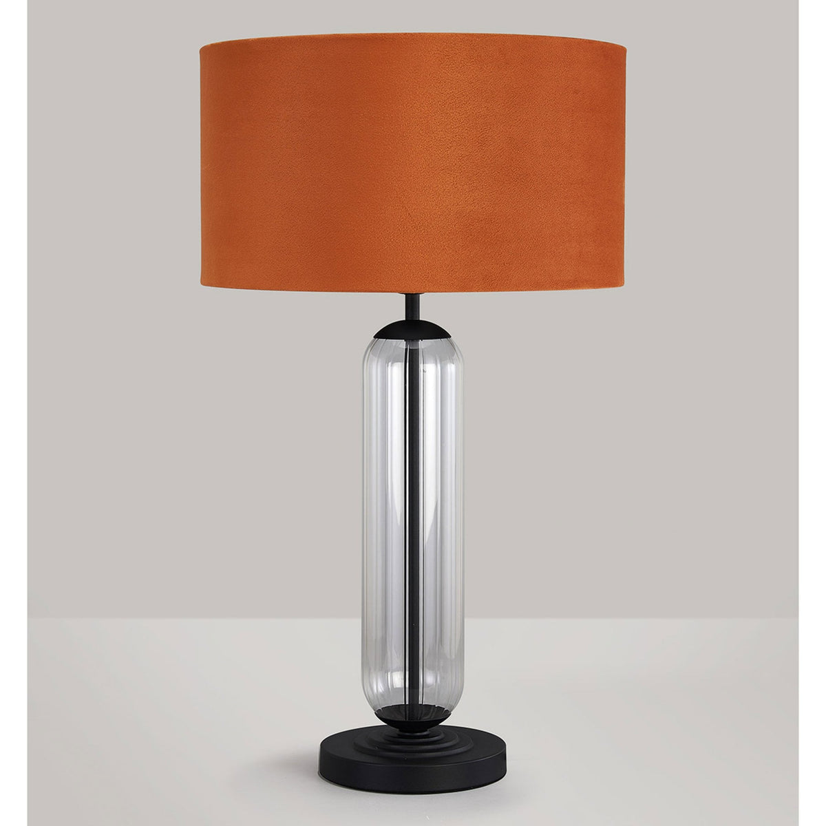 Hamble Tubular Table Lamp in Satin Black with Clear Glass and Burnt Orange Velvet Shade