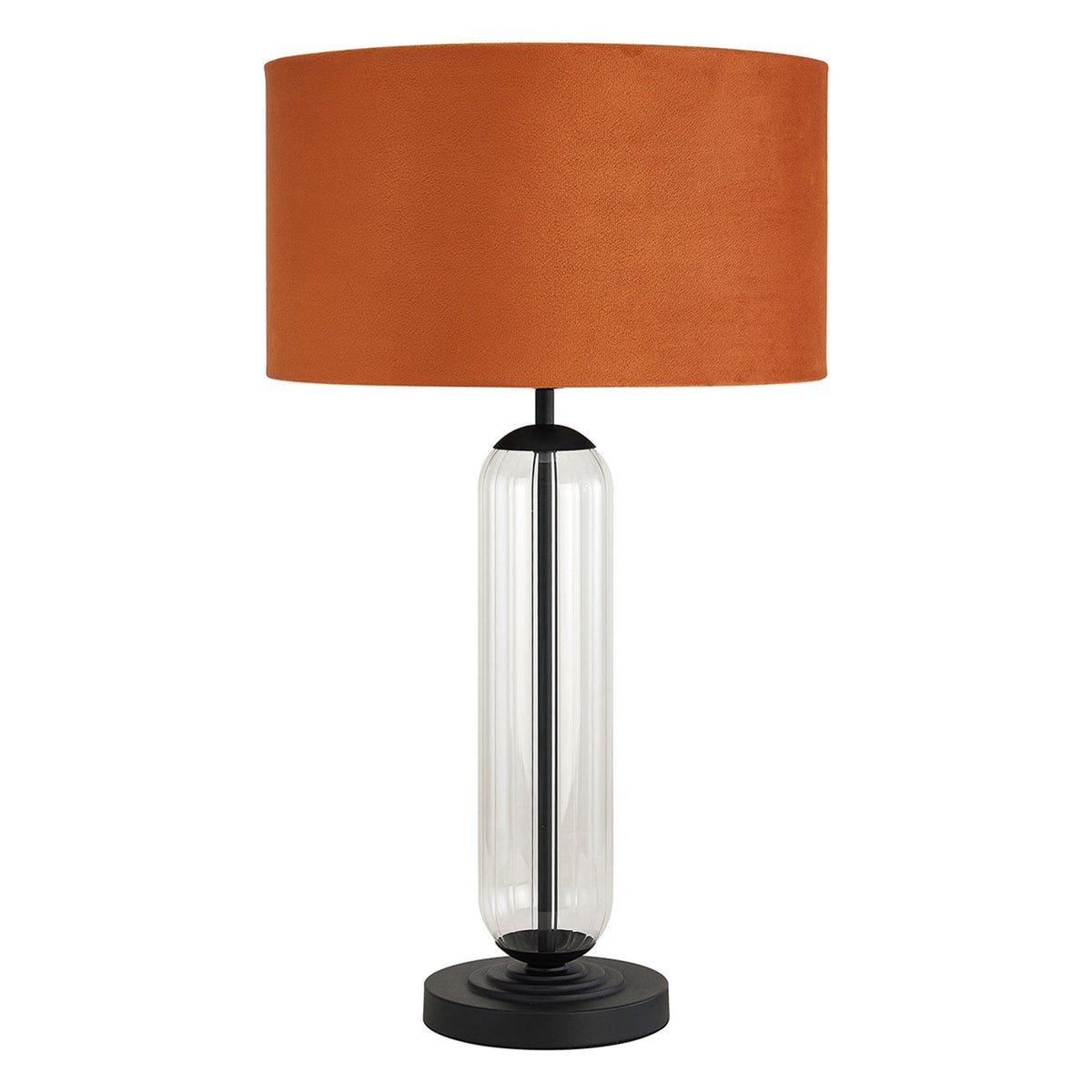 Hamble Tubular Table Lamp in Satin Black with Clear Glass and Burnt Orange Velvet Shade