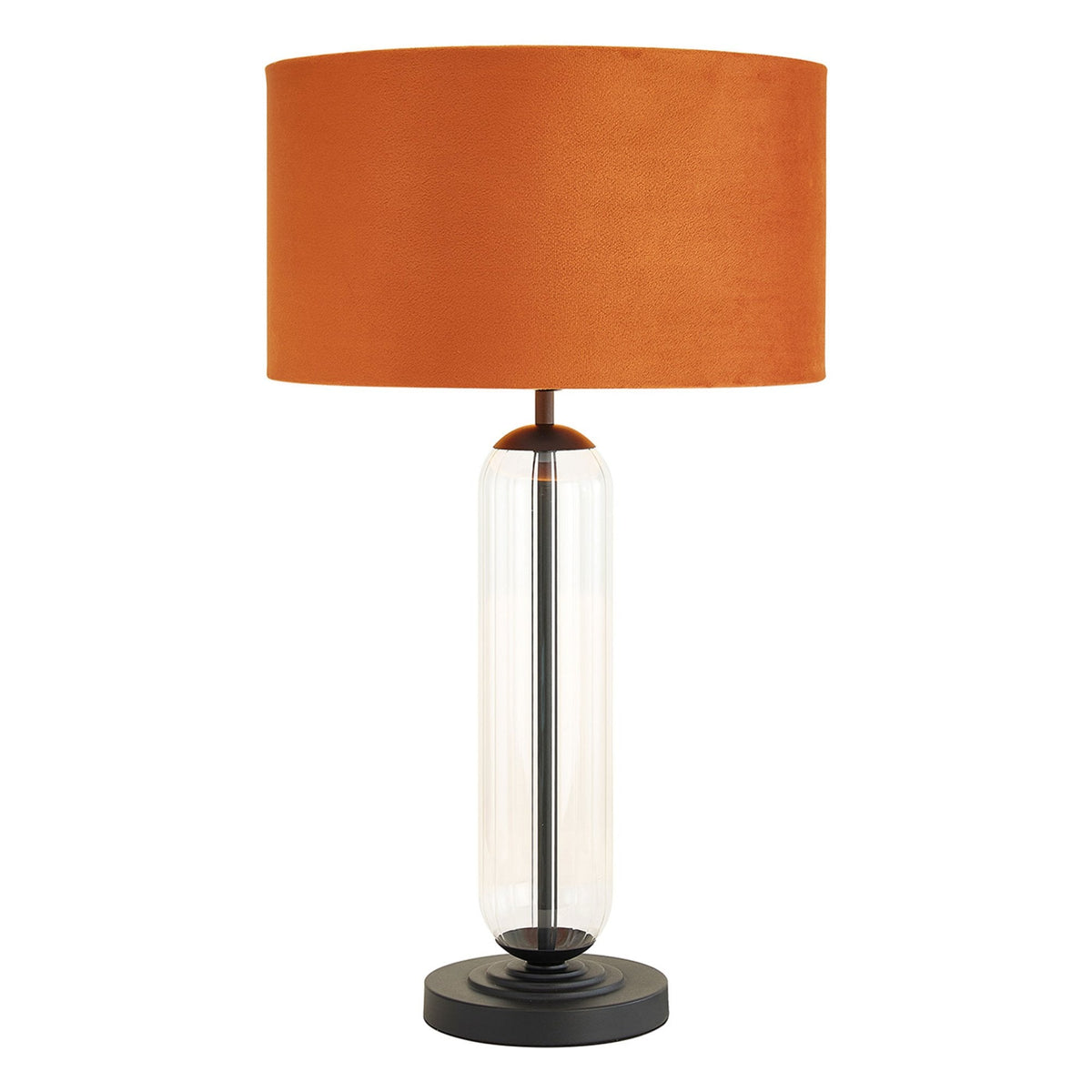 Hamble Tubular Table Lamp in Satin Black with Clear Glass and Burnt Orange Velvet Shade