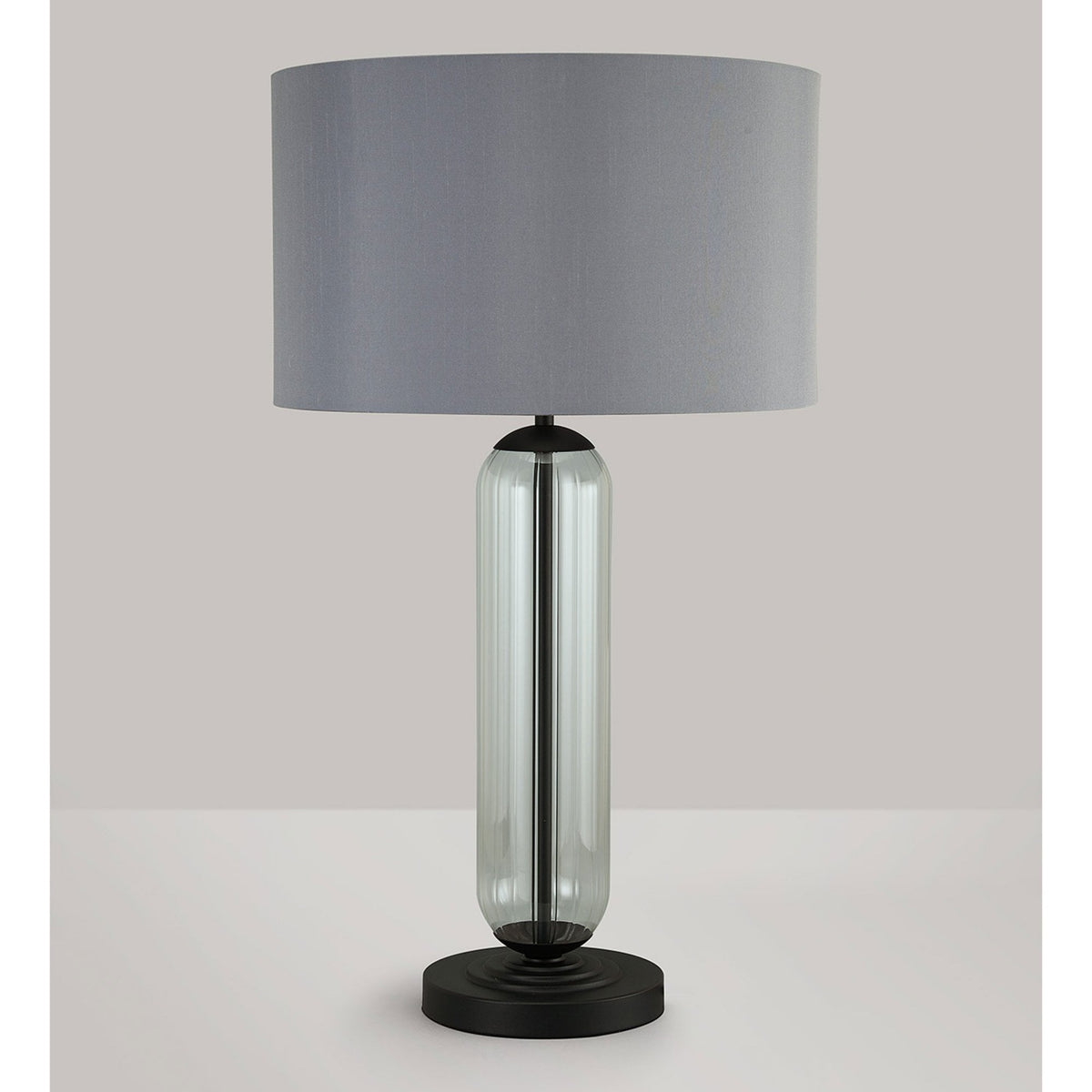 Hamble Tubular Table Lamp in Satin Black with Clear Glass and Lunar Faux Silk Shade