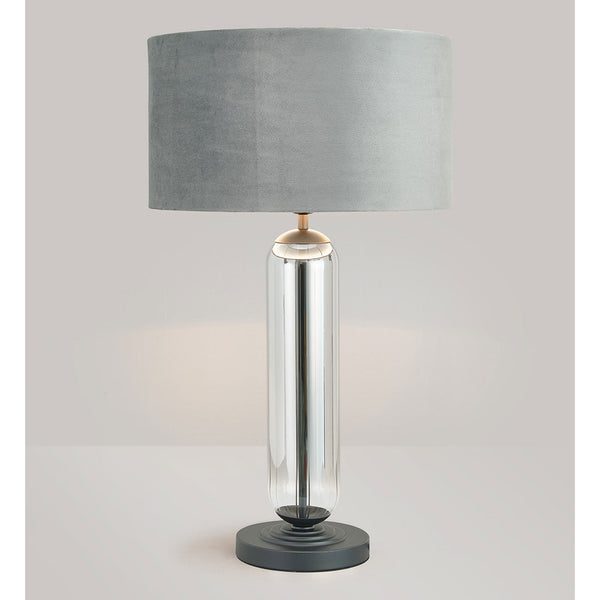 Hamble Tubular Table Lamp in Satin Black with Smoke Fade Glass and Dark Grey Velvet Shade