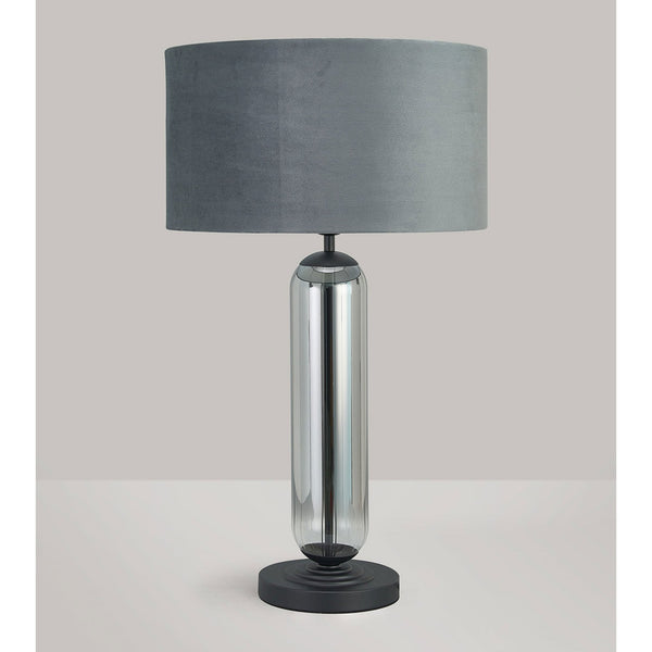 Hamble Tubular Table Lamp in Satin Black with Smoke Fade Glass and Dark Grey Velvet Shade