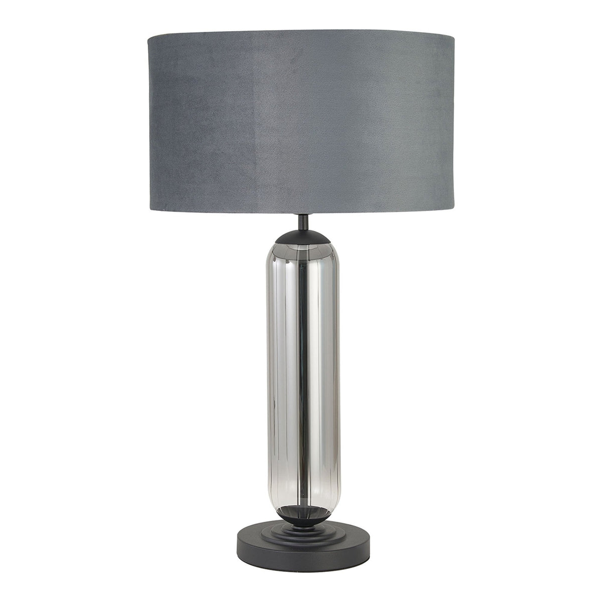 Hamble Tubular Table Lamp in Satin Black with Smoke Fade Glass and Dark Grey Velvet Shade