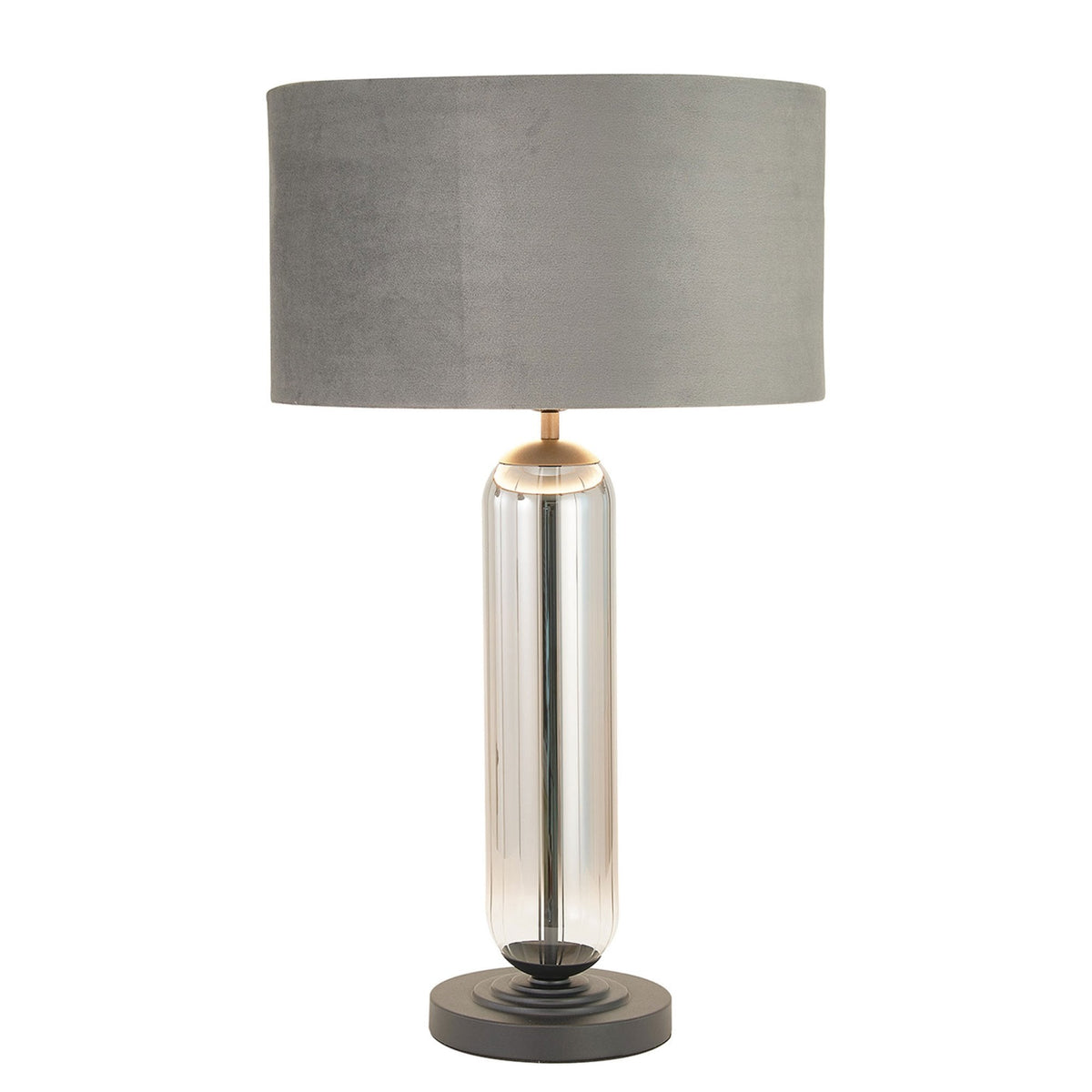 Hamble Tubular Table Lamp in Satin Black with Smoke Fade Glass and Dark Grey Velvet Shade